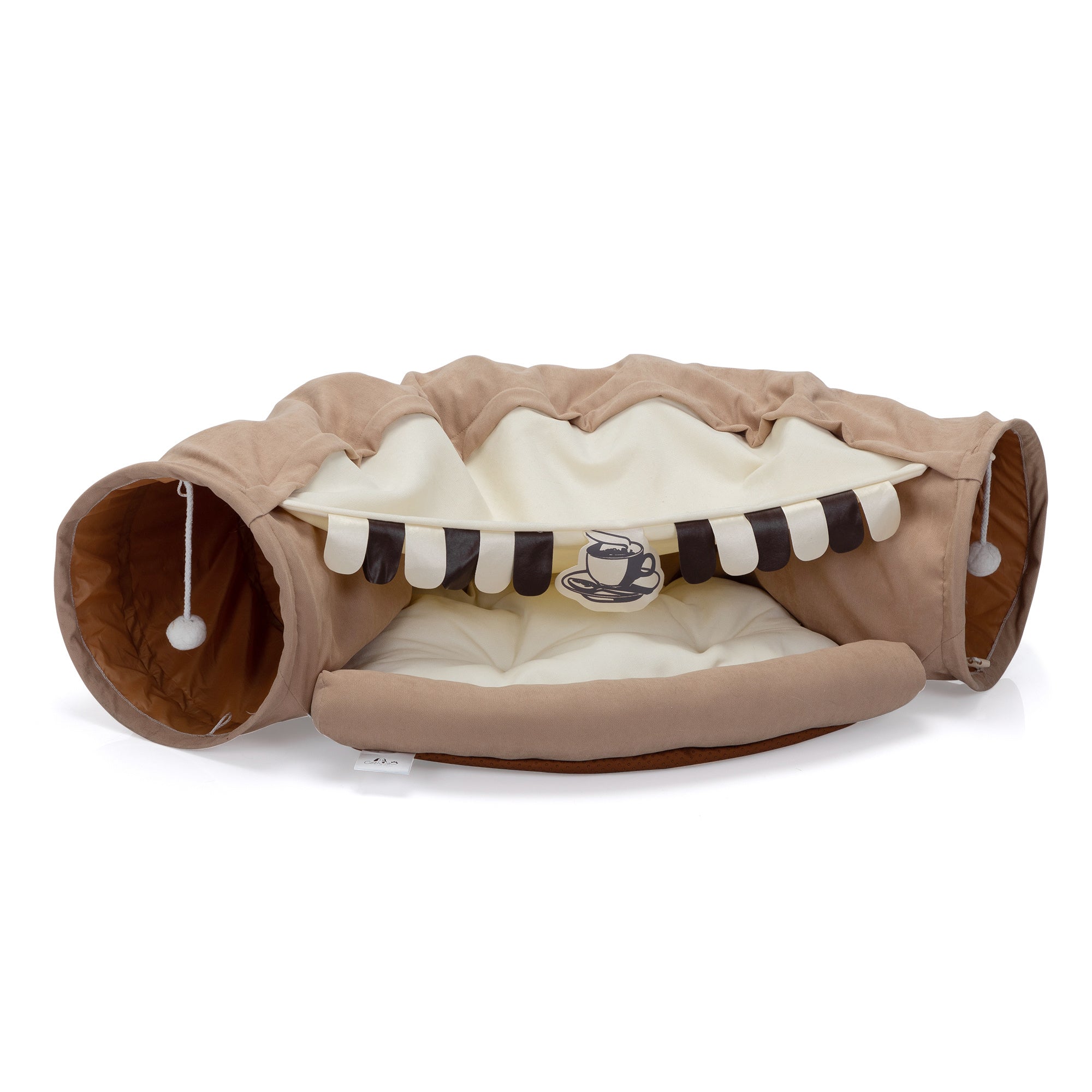 Foldable Cat Tunnel Bed For Indoor Cats, Washable Cat Skin Tunnel With Hanging Toys And Mats, Brown Color